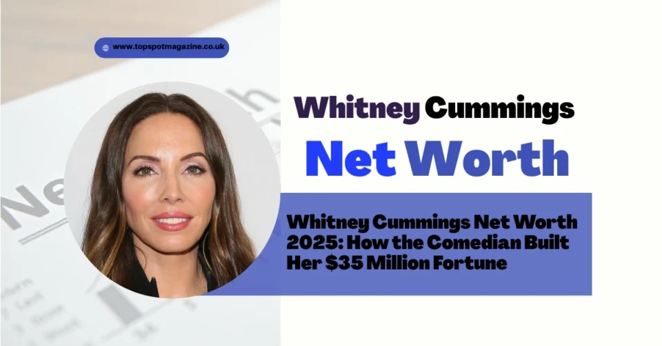 Whitney Cummings on stage, holding a microphone and smiling, representing Whitney Cummings Net Worth and her successful comedy career.