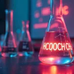 Chemical structure diagram of HCOOCH CH2 H2O displayed on a digital screen in a modern laboratory setting.