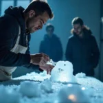 Artist demonstrates IcePornCasting techniques while sculpting detailed ice art, surrounded by viewers captivated by the creative process.