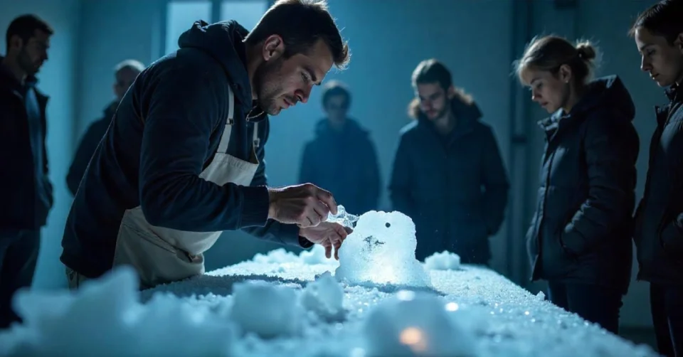Artist demonstrates IcePornCasting techniques while sculpting detailed ice art, surrounded by viewers captivated by the creative process.