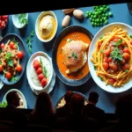 Audience watching a vibrant display of international dishes on a large screen at an IntrepidFood.eu culinary event.