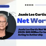 Jamie Lee Curtis Net Worth graphic showing the actress with bold text highlighting her $85 million fortune and career achievements in 2025.
