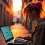 Person with vibrant pink hair using a laptop in a graffiti-filled alley at sunset, researching Jusziaromntixretos for an article.