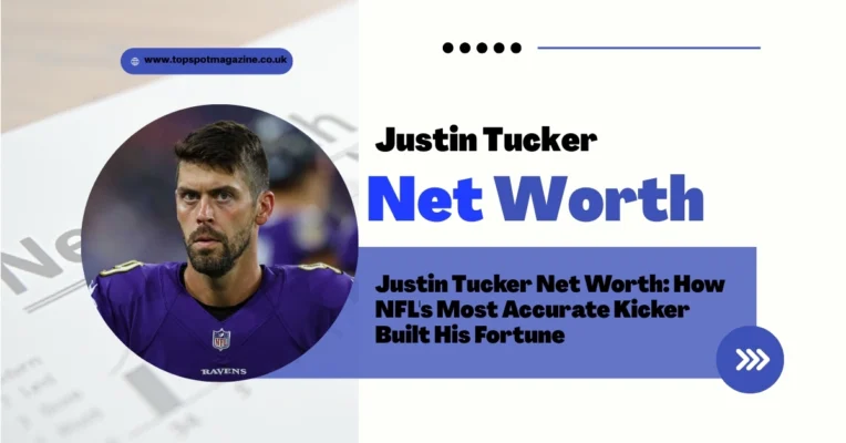 Justin Tucker Net Worth featured image showing the Baltimore Ravens kicker with bold text highlighting his financial success and NFL achievements.