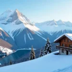 A breathtaking panoramic view of Montemscopa’s snow-capped peaks, crystal-clear lake, and lush pine forests under a vibrant sunrise sky.