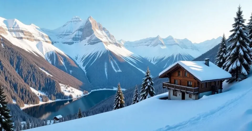 A breathtaking panoramic view of Montemscopa’s snow-capped peaks, crystal-clear lake, and lush pine forests under a vibrant sunrise sky.