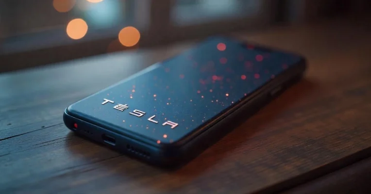 Tesla Phone concept image for Rajkot Updates News Tesla Phone Release, showing a futuristic smartphone with the Tesla logo.