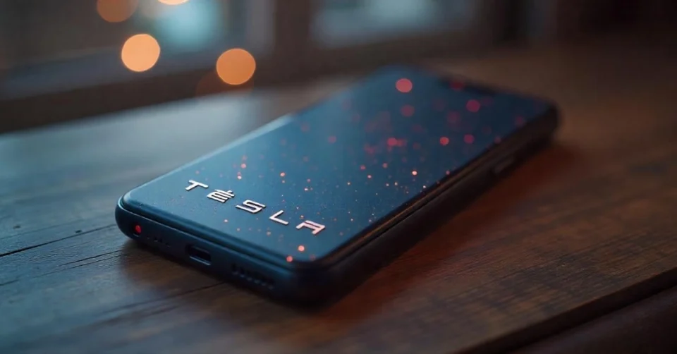 Tesla Phone concept image for Rajkot Updates News Tesla Phone Release, showing a futuristic smartphone with the Tesla logo.