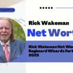 Rick Wakeman Net Worth graphic featuring the legendary keyboardist in a suit holding a medal, with bold text highlighting his 2025 fortune.