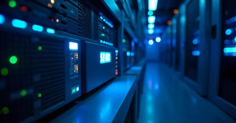 Snowbreak Locate Uninterruptible Power Supply units with illuminated displays in a high-tech data center, ensuring reliable backup power and system protection.