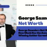 George Saunders Net Worth featured image showing the author in a tuxedo holding the Man Booker Prize award, with article title and headline displayed.