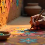 Traditional artisan hands creating Gel Ooru art with natural clay and plant pigments on wall surface in Karnataka India