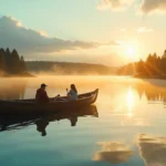 Traditional Finnish boat on peaceful lake during veneajelu experience with pine forests and golden sunset reflections