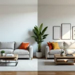 Modern living room showing diịhc style with neutral colors, minimal furniture, and clean lines