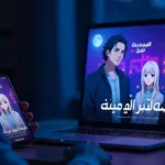 هنتاوي.com Arabic anime streaming platform interface showing anime characters with Arabic subtitles on mobile device