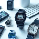 Casîo digital watch calculator keyboard Japanese technology products arranged on clean background