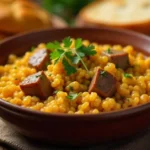 Traditional ceıvır Turkish dish with tender lamb bulgur wheat and fresh herbs served in ceramic bowl