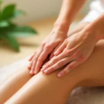 Woman applying cellulogia natural massage technique for cellulite reduction on legs