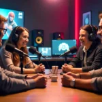 Geekzilla podcast hosts discussing geek culture topics in modern studio with gaming controllers and tech gadgets