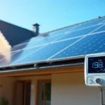 HMS Photovoltaik solar panels installed on home roof with energy monitoring system displaying power generation data