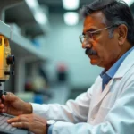 Professional technician performing kalibraatio calibration on precision measuring equipment in laboratory setting