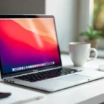 Mac računala MacBook Pro open on desk showing macOS interface and app icons