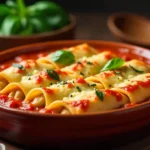 Mannacote baked manicotti with meat filling and melted cheese in ceramic dish showing perfect pasta technique