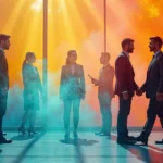 Ombudsmänner mediating fairness between citizens and institutions in a modern, transparent setting.