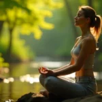 Person practicing simbramento meditation in peaceful natural setting with trees and soft light