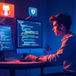 Developer using TechTales pro-reed com platform to create coding stories with GitHub integration and career growth features