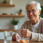 Senior using trucofax health shortcuts at home with pill organizer and water glass for daily wellness management