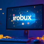 irobux.com redeem interface on smartphone screen with floating Robux coins and security shields showing safe redemption guide
