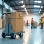Worker using Afruimwagen in warehouse to transport goods efficiently and safely.