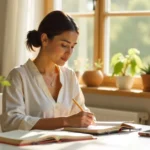 Person practicing aoomaal wellness routine with journal and tea in peaceful morning setting for holistic health