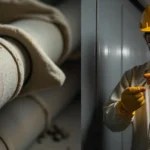 Asbestlint tape wrapped around old pipes with professional wearing safety gear inspecting asbestos material in older building