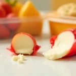 Babybelletje Mini Babybel cheese wheels in red wax with one unwrapped showing creamy cheese next to kids lunchbox