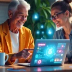Aging adult and caregiver craft a unique CBYBXRF digital identity on laptop in a cozy, tech-savvy home office.