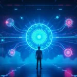 Futuristic AI system visualizing Chas6d’s six dimensions of innovation and cybersecurity.