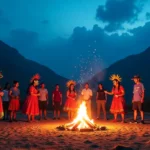 Ciulioneros festival with colorful masks and bioluminescent flowers in the Andes.
