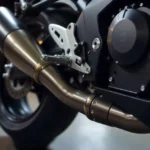 Escapamento RD aftermarket exhaust system installed on Yamaha motorcycle showing carbon steel construction and performance design