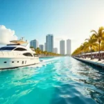 Fort Lauderdale Florida Verenigde Staten waterfront with luxury yachts palm trees and city skyline on sunny day