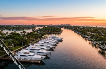 Luxury yachts docked in Fort Lauderdale Florida waterways with palm trees, golden sunset reflecting on calm water
