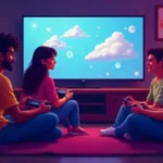 Illustration of Gaymetu E culture with queer gamers connecting through video games in welcoming digital environment