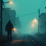 guia silent hill geekzilla complete walkthrough showing foggy street with flashlight beam and abandoned buildings
