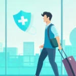 International travel health insurance coverage showing traveler protection with medical cross shield at airport