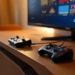 Manual Settings HSSGameStick device connected to TV with wireless controllers showing manual settings configuration menu for retro gaming setup