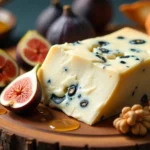 Masgonzola cheese wedge with mascarpone and Gorgonzola layers on wooden board with figs and honey