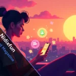 Stylish young adult on sunset rooftop with Nidixfun app glowing on phone, showing quizzes and holograms – retro-futuristic art blending luxury and gaming.