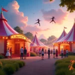 Niles Garden Circus Tickets with colorful tents and acrobats performing in garden setting with twinkling lights