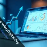 Posts blog WizzyDigital.org guide showing laptop with blog editor and SEO analytics dashboard for content creators